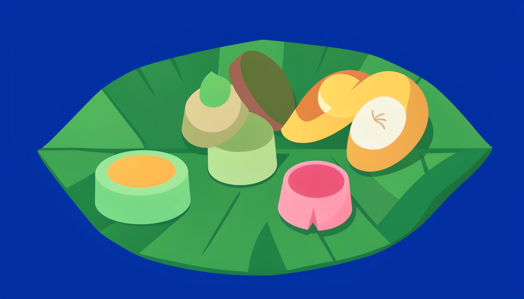 Assortment of traditional Huế cakes and sweets on a banana leaf, pastel colors, flat vector illustration