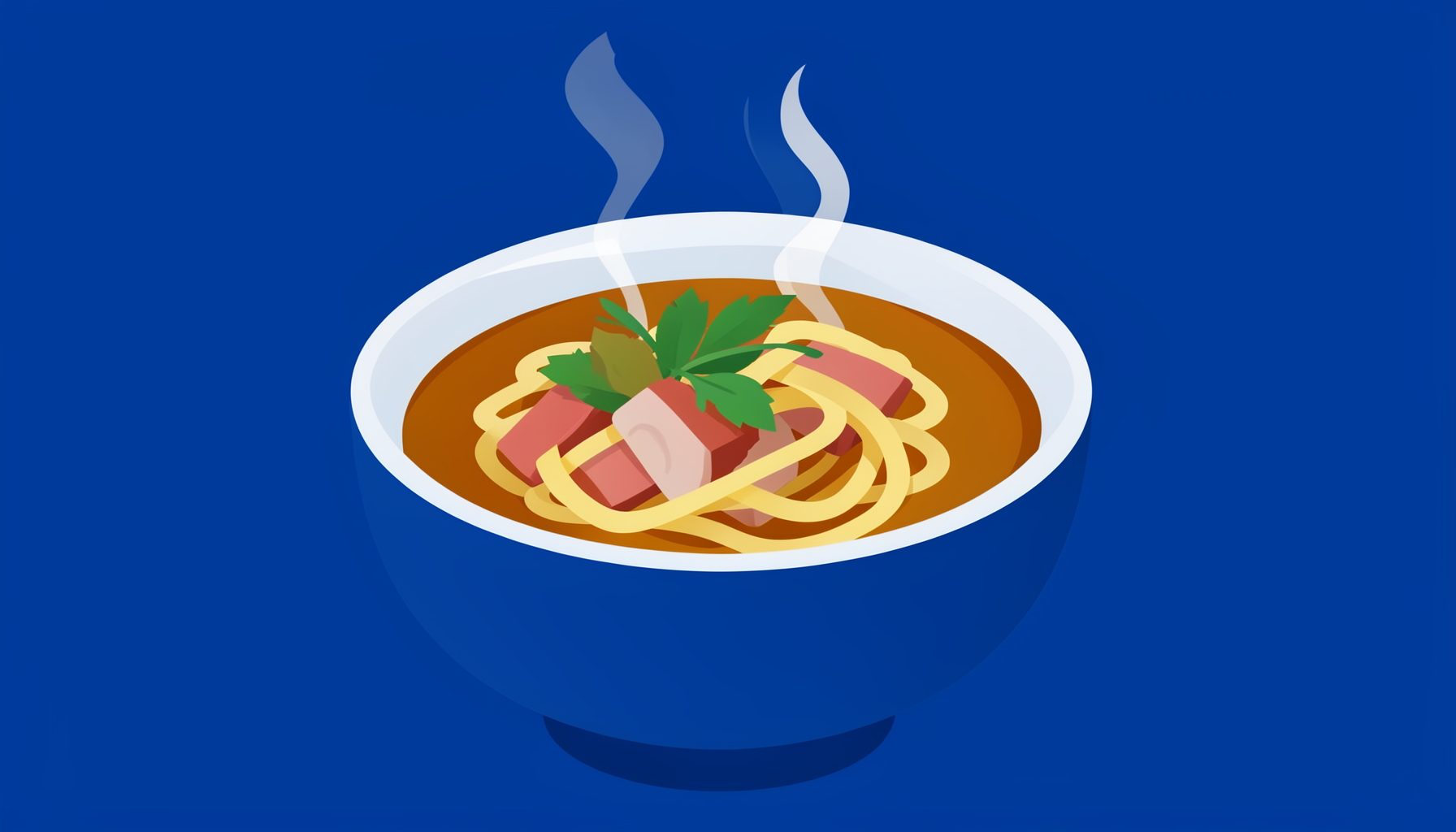 Steaming bowl of thick bánh canh noodles with pork and herbs, rich amber broth, flat vector illustration