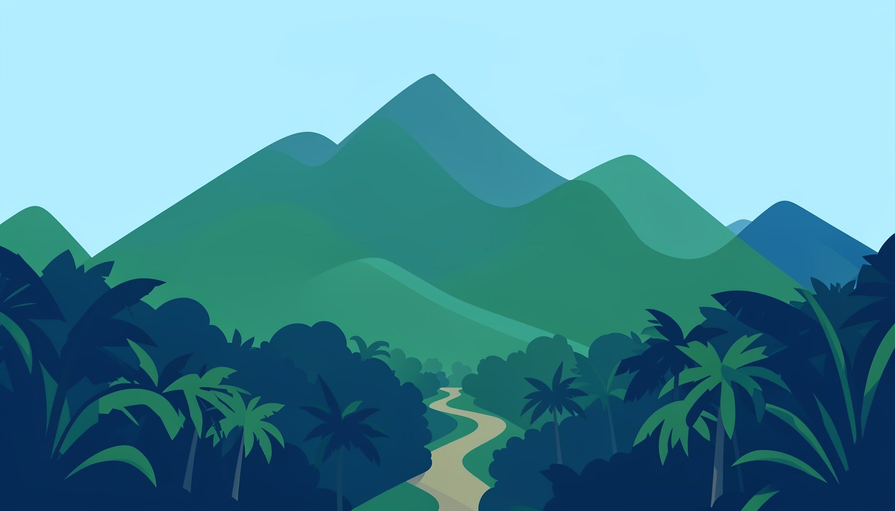 Flat vector illustration of a lush green mountain range with misty peaks, a winding trail, and dense tropical forest