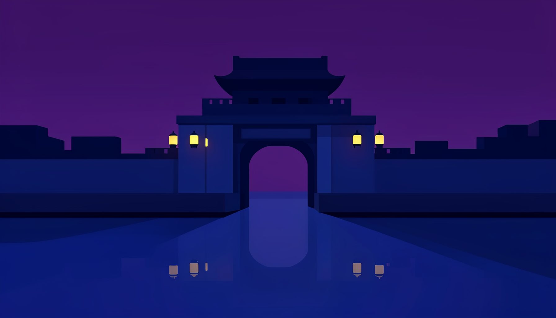 Flat vector illustration of the Imperial City gate illuminated at night with golden lanterns reflecting on the moat under a deep navy sky