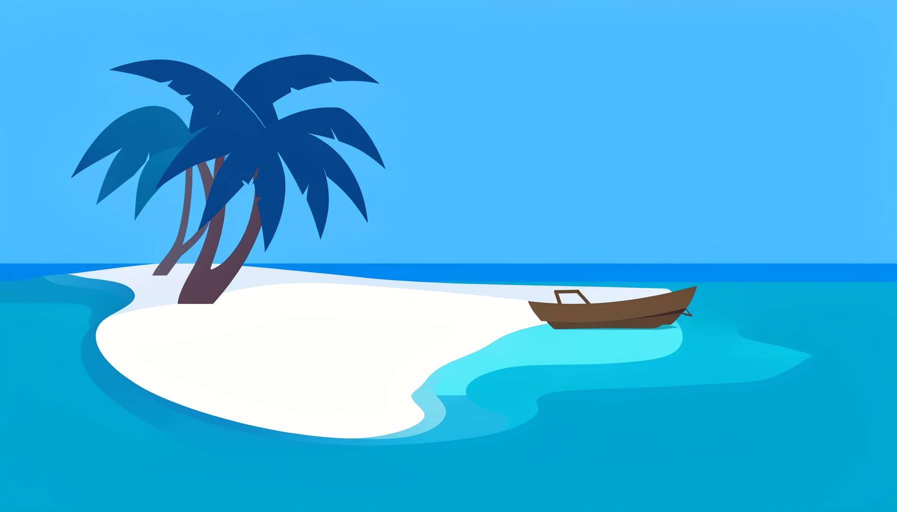 Flat vector illustration of a tropical island with white sand beach, turquoise water, palm trees, and a small wooden boat