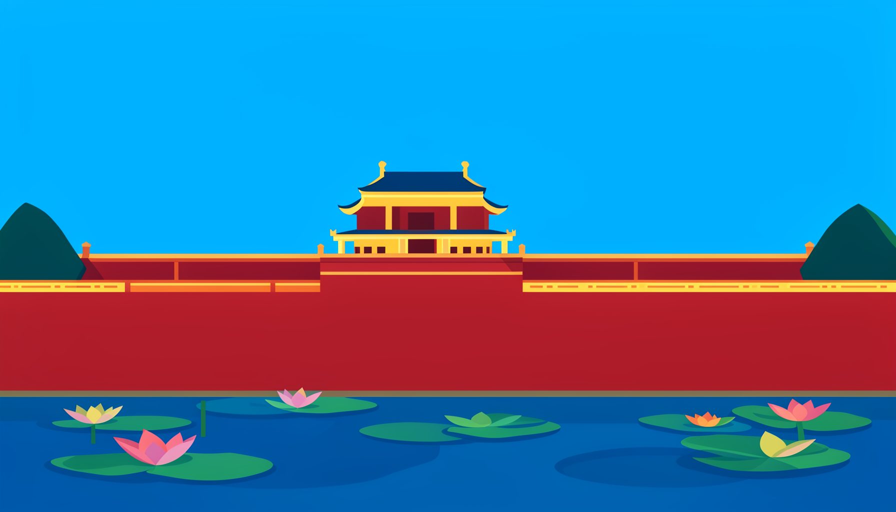 Flat vector illustration of the Imperial City of Hue with its red and gold citadel walls, lotus ponds, and a bright blue sky
