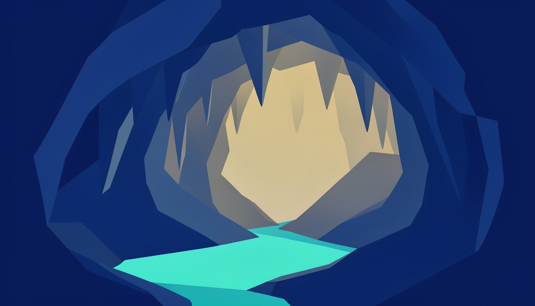 Flat vector illustration of a massive limestone cave interior with stalactites, a turquoise underground river, and soft lighting