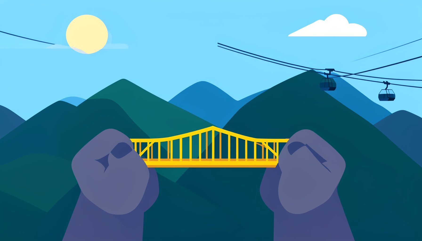 Flat vector illustration of Bà Nà Hills with the Golden Bridge held by giant stone hands, green mountains and cable cars