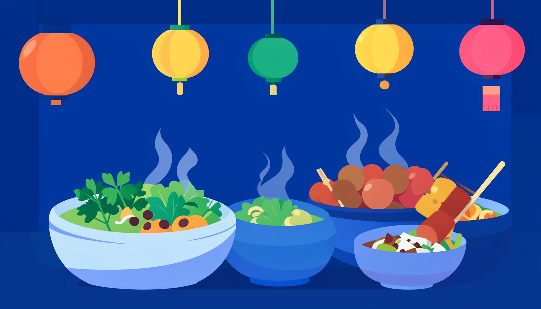 Flat vector illustration of a vibrant Vietnamese street food scene with steaming bowls, fresh herbs, and grilled skewers