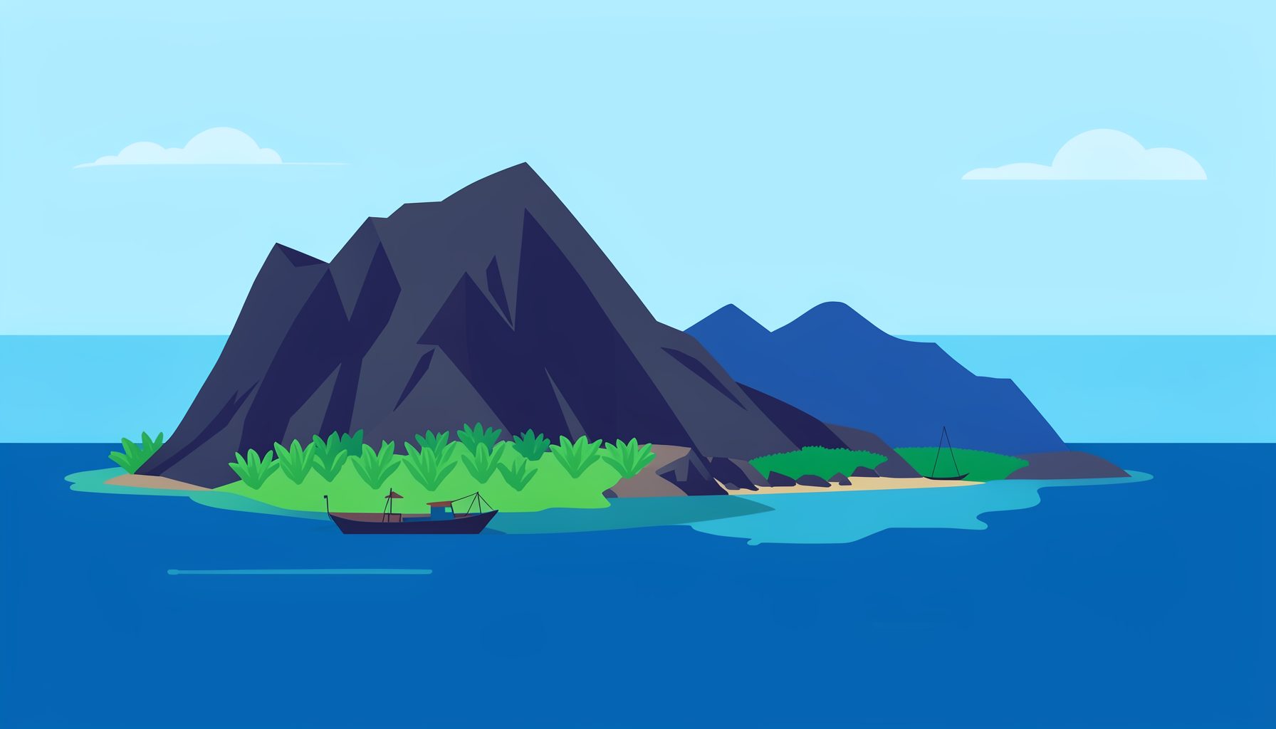 Flat vector illustration of Lý Sơn island with volcanic cliffs, garlic fields, turquoise sea, and a small fishing boat