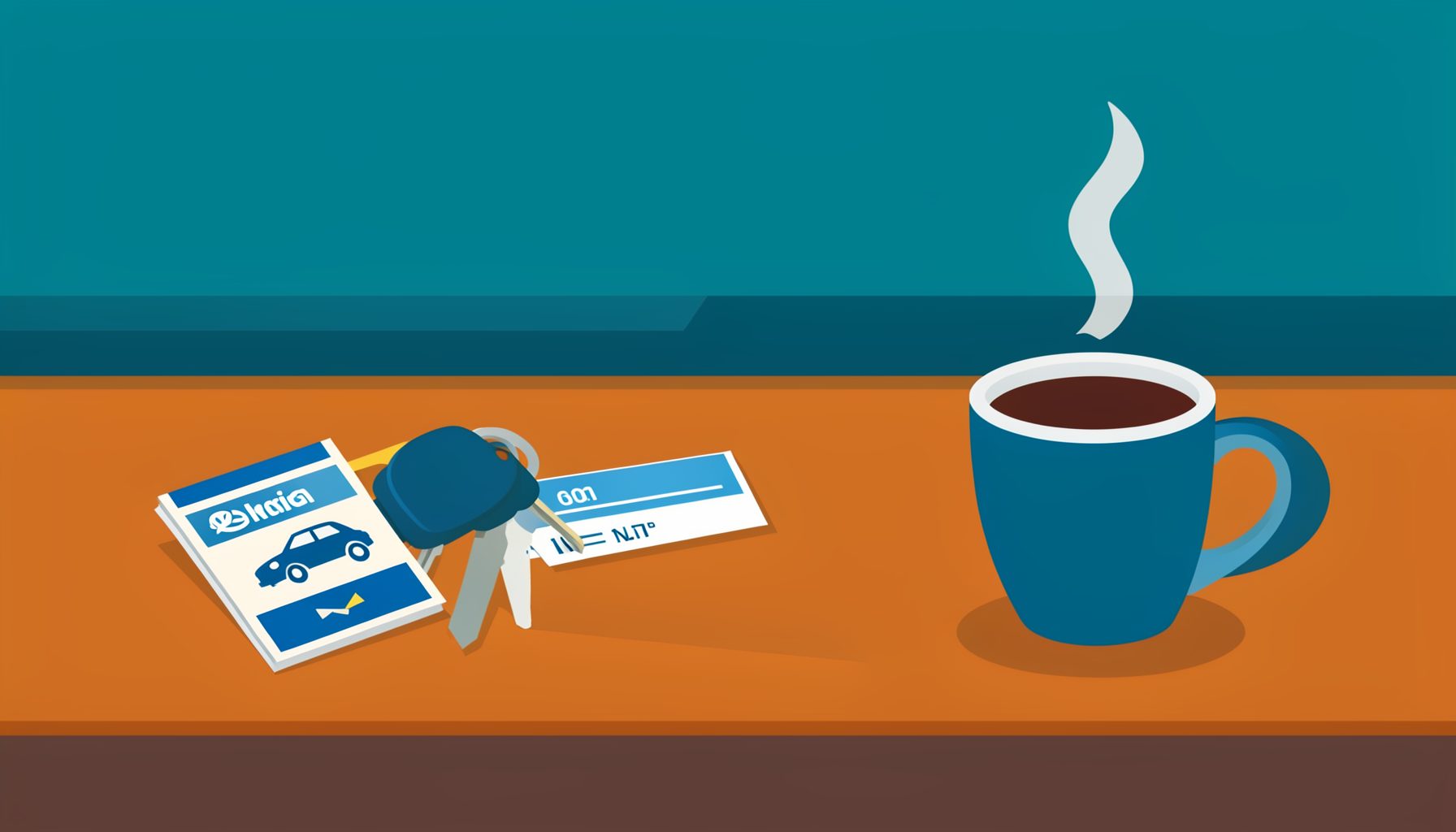 Flat vector illustration of a travel service counter with bus tickets, car keys, a boarding pass, and a steaming coffee cup
